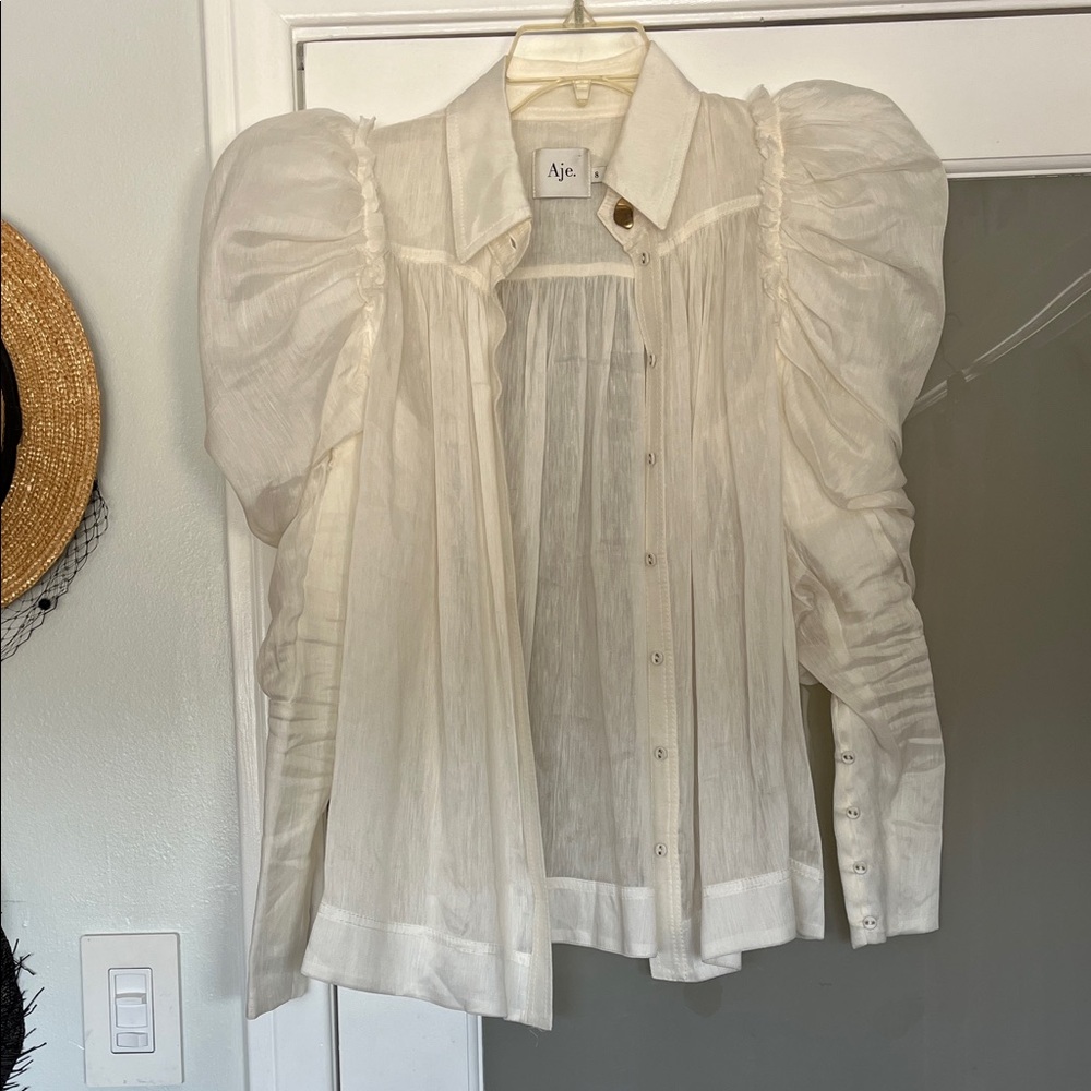 AJE - NWOT Mutton Sleeve Linen Silk Button Up